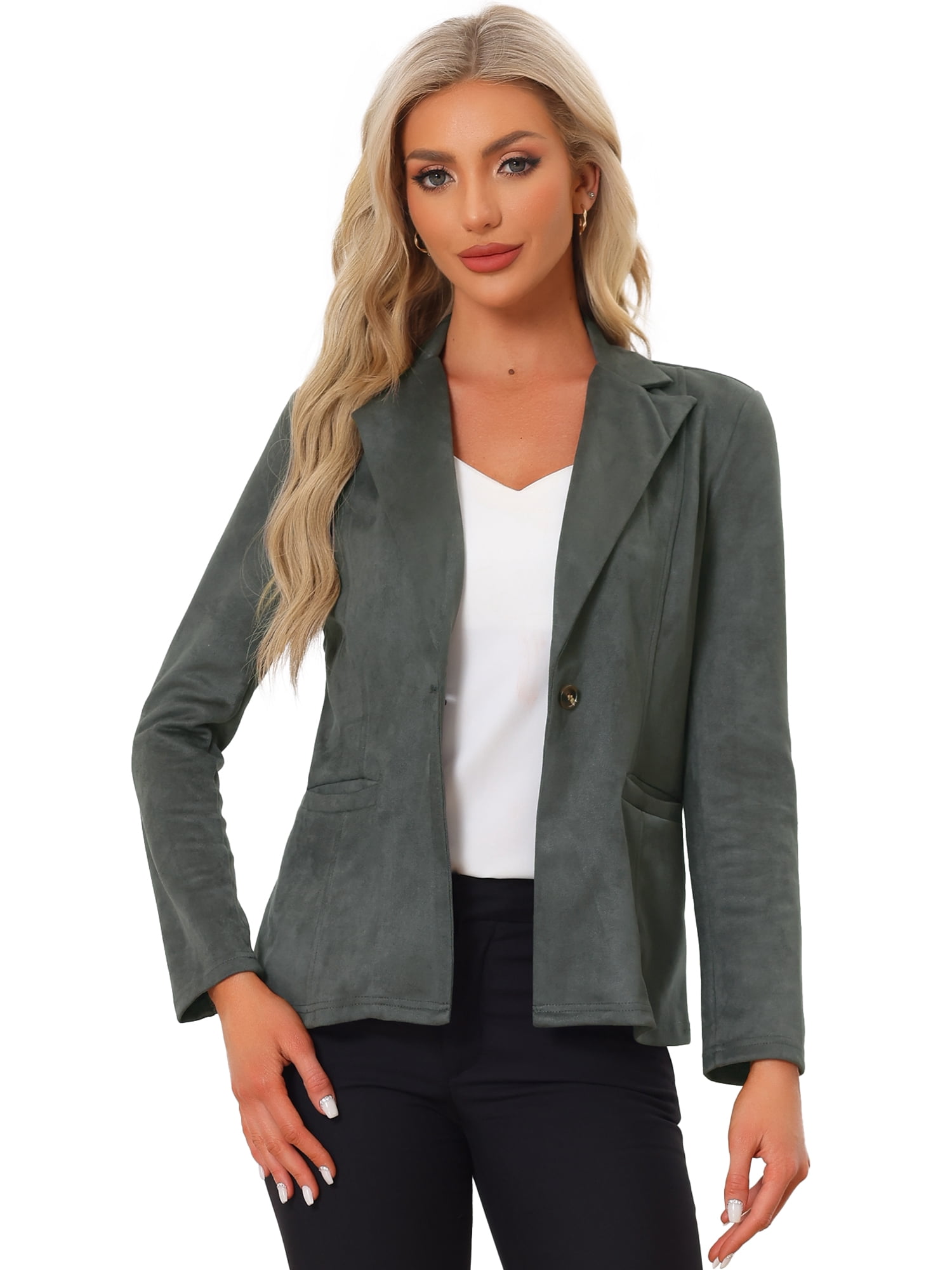 DARING DIVA Women's Faux Suede Lapel Collar Long Sleeve Work Jacket XL Dark Grey