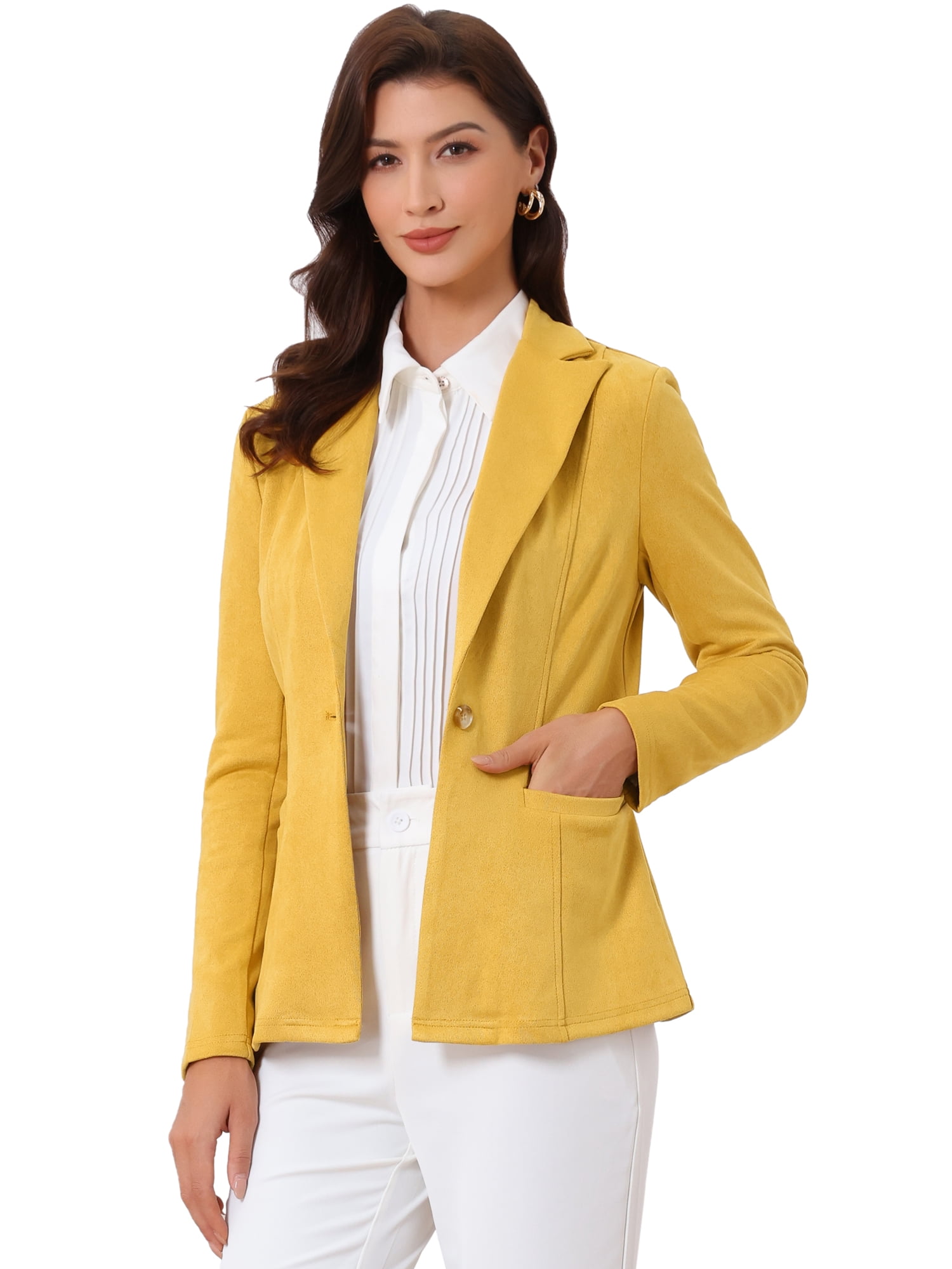 DARING DIVA Women's Faux Suede Lapel Collar Long Sleeve Work Jacket XL Yellow