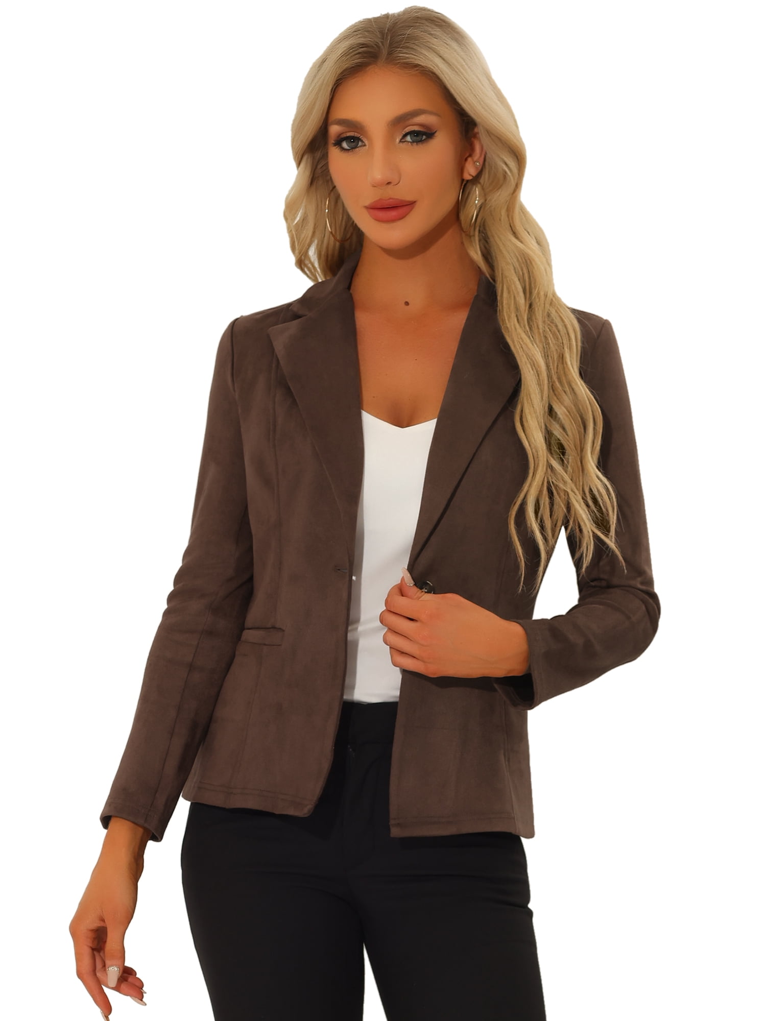 DARING DIVA Women's Faux Suede Lapel Collar Long Sleeve Work Jacket XS Coffee