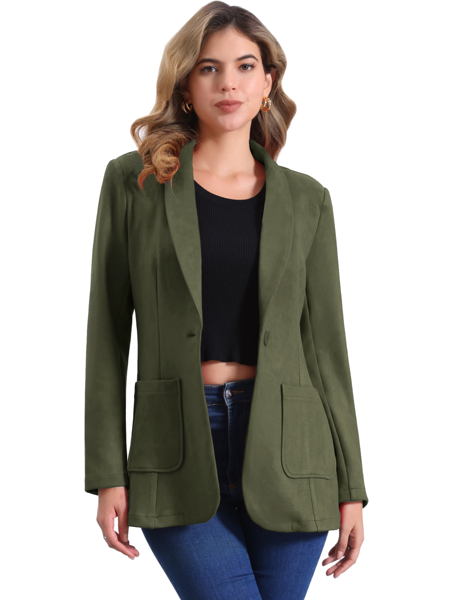 DARING DIVA Women's Faux Suede Lapel Collar One Button Dressy Suit Jacket L Army Green