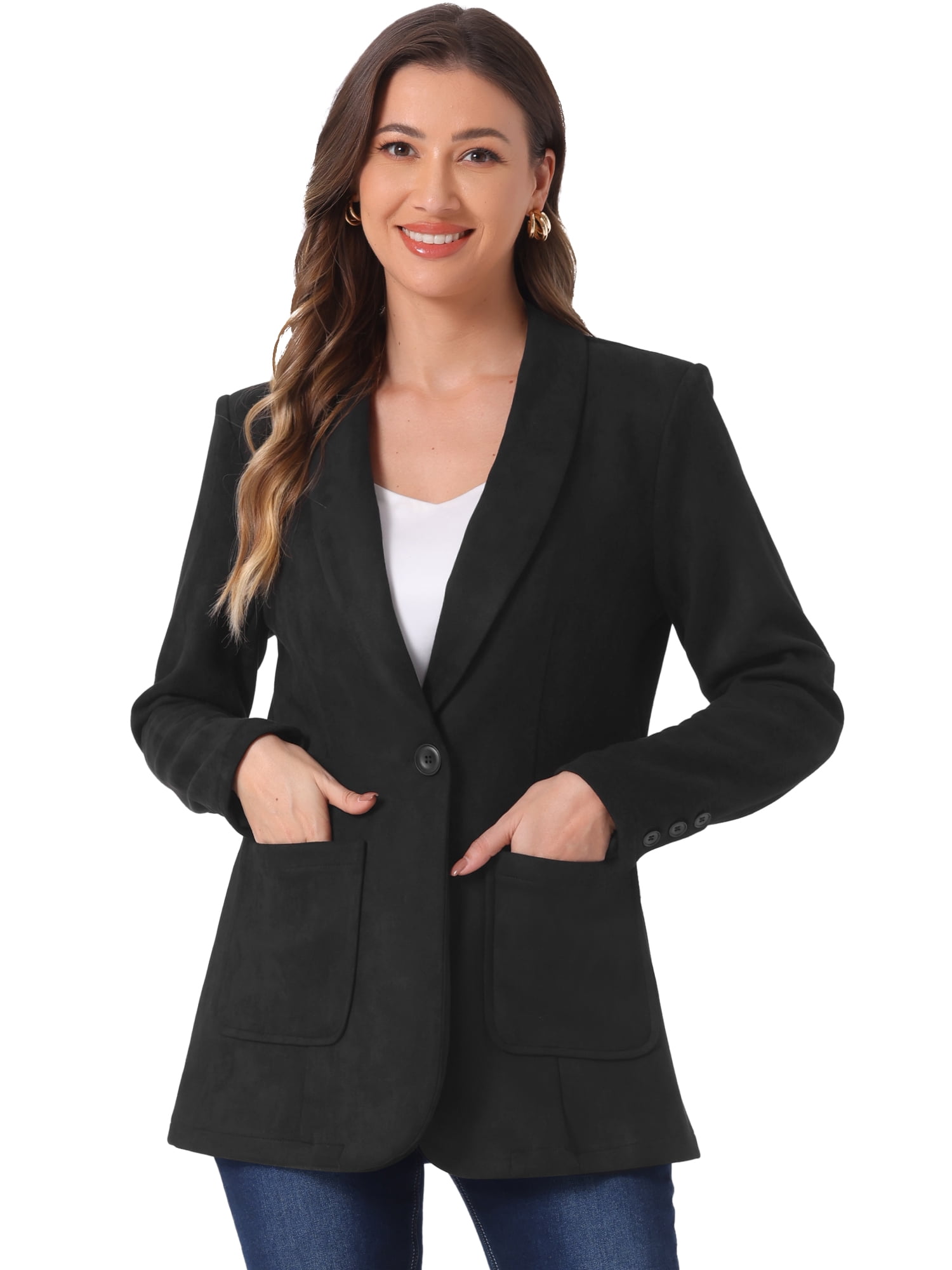 DARING DIVA Women's Faux Suede Lapel Collar One Button Dressy Suit Jacket L Black