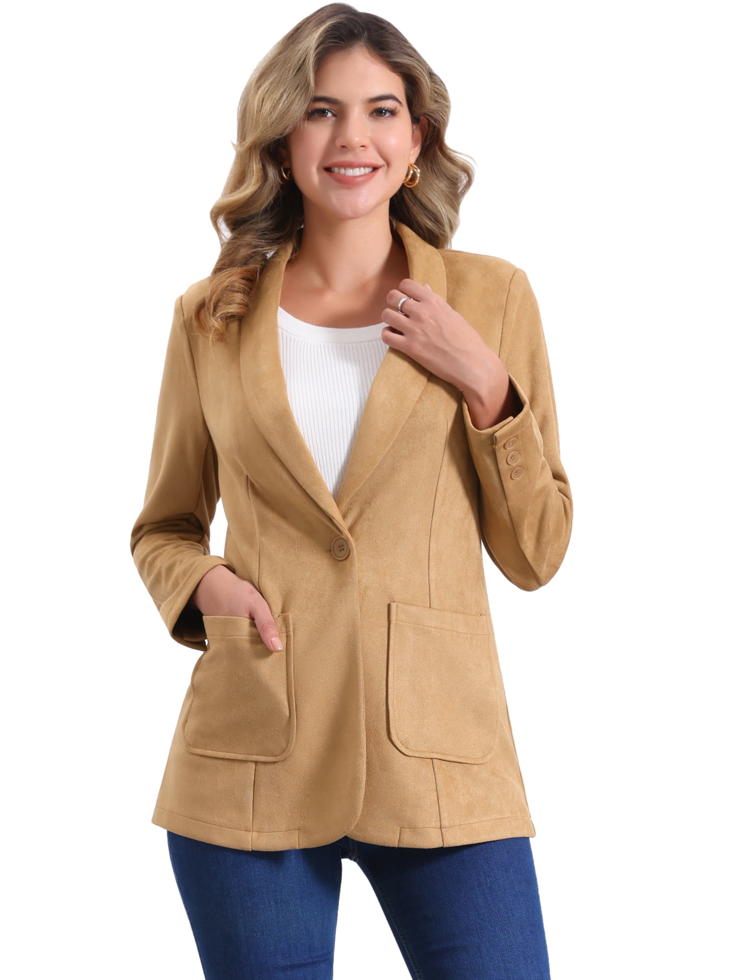 DARING DIVA Women's Faux Suede Lapel Collar One Button Dressy Suit Jacket M Khaki