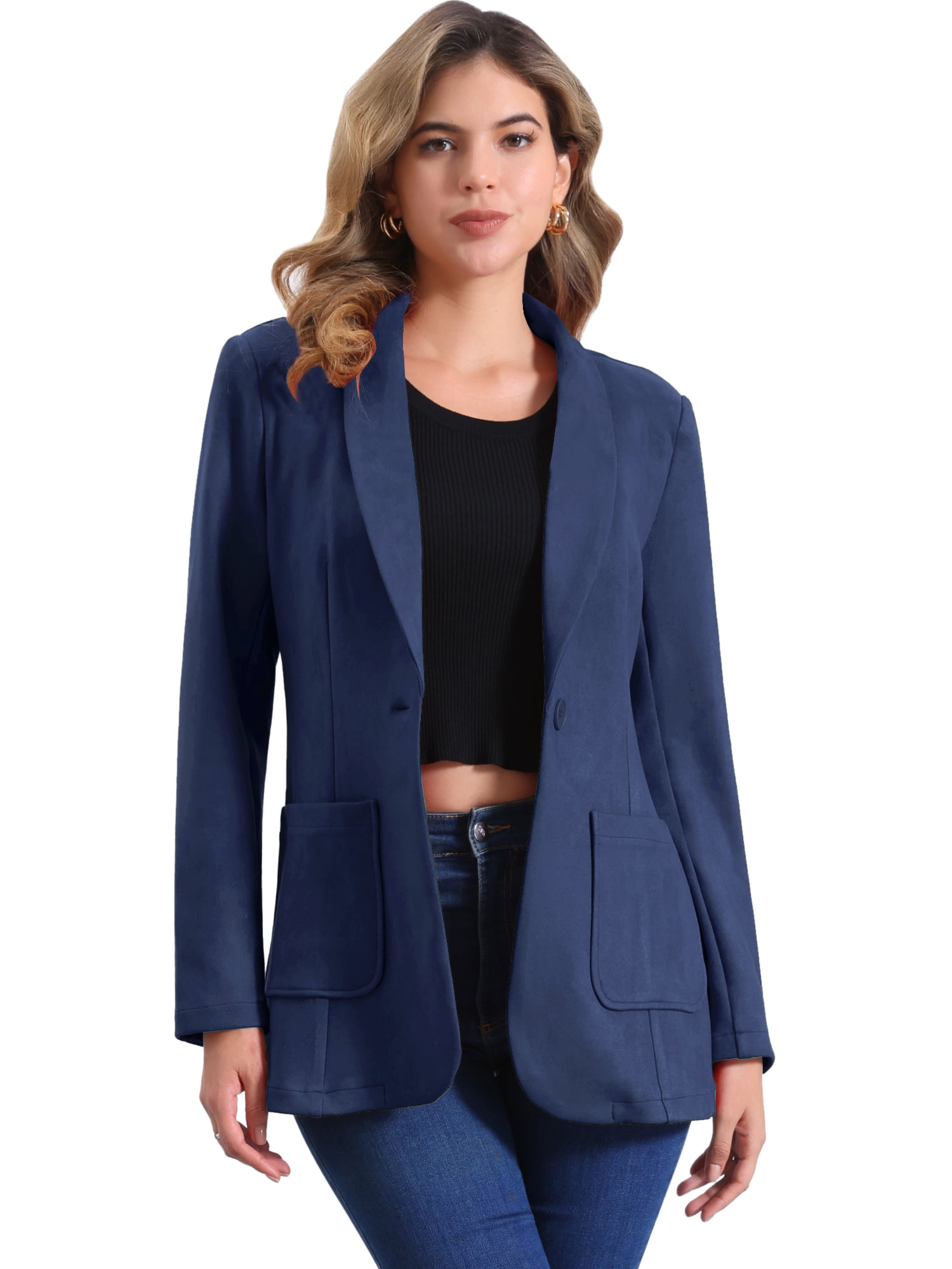 DARING DIVA Women's Faux Suede Lapel Collar One Button Dressy Suit Jacket M Navy Blue