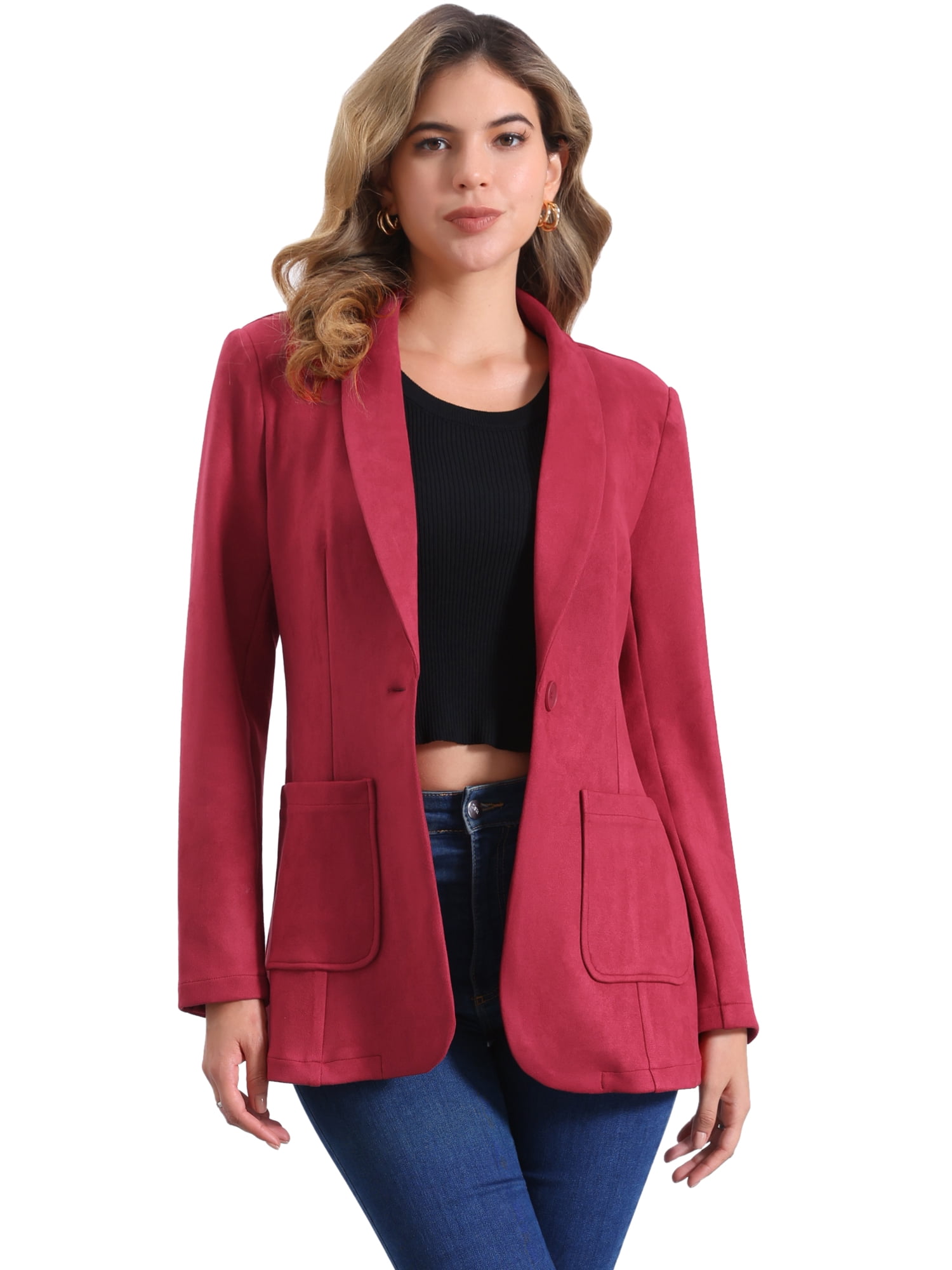 DARING DIVA Women's Faux Suede Lapel Collar One Button Dressy Suit Jacket M Red