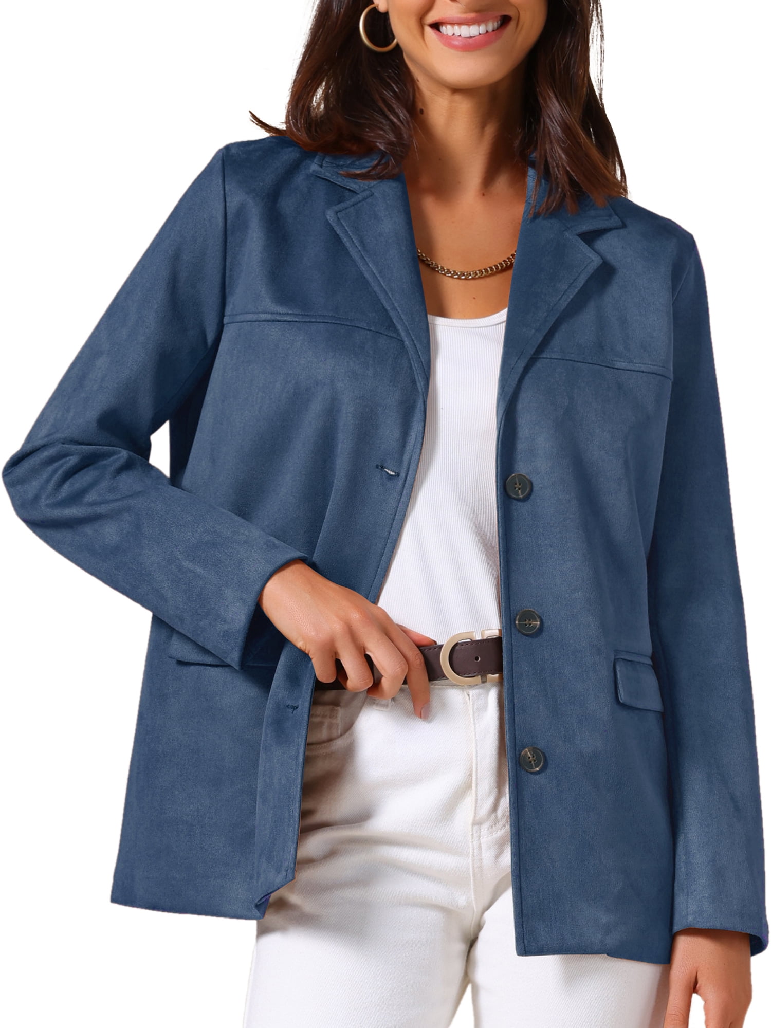 DARING DIVA Women's Faux Suede Lapel Open Front Long Sleeve Blazer Jacket 2XL Deep Blue