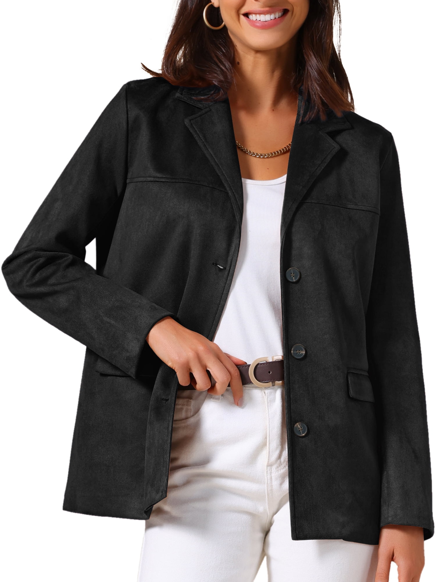 DARING DIVA Women's Faux Suede Lapel Open Front Long Sleeve Blazer Jacket M Black