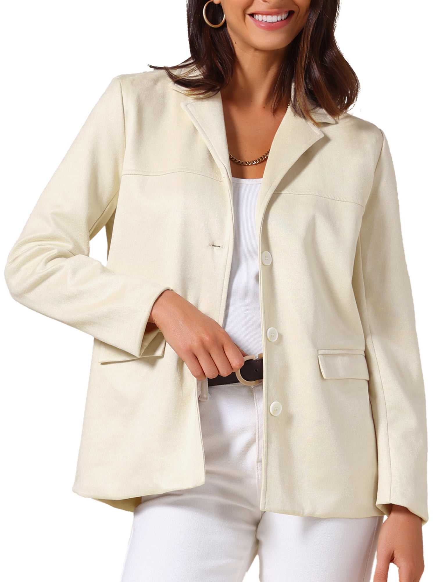DARING DIVA Women's Faux Suede Lapel Open Front Long Sleeve Blazer Jacket M Khaki