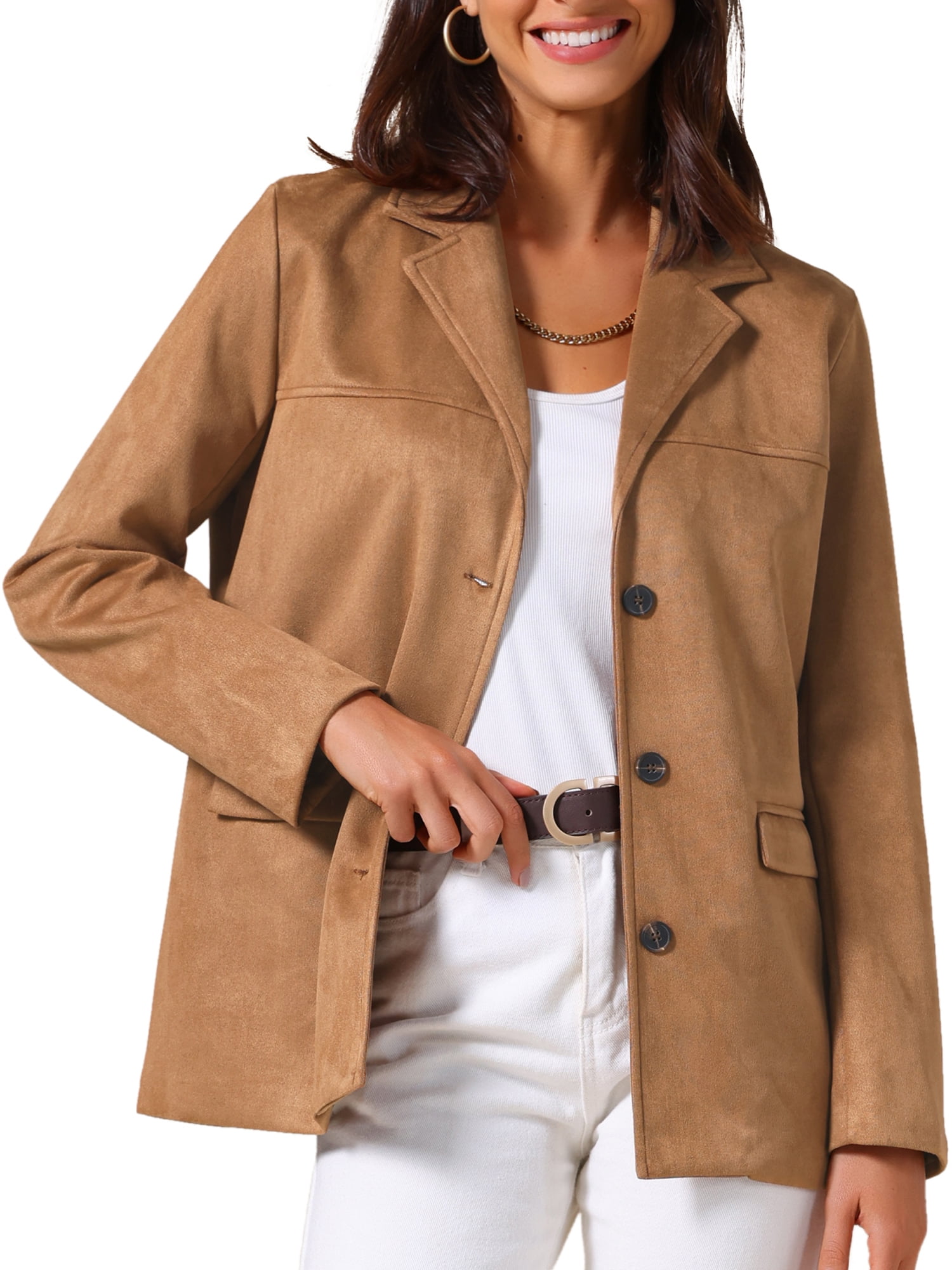 DARING DIVA Women's Faux Suede Lapel Open Front Long Sleeve Blazer Jacket XL Brown