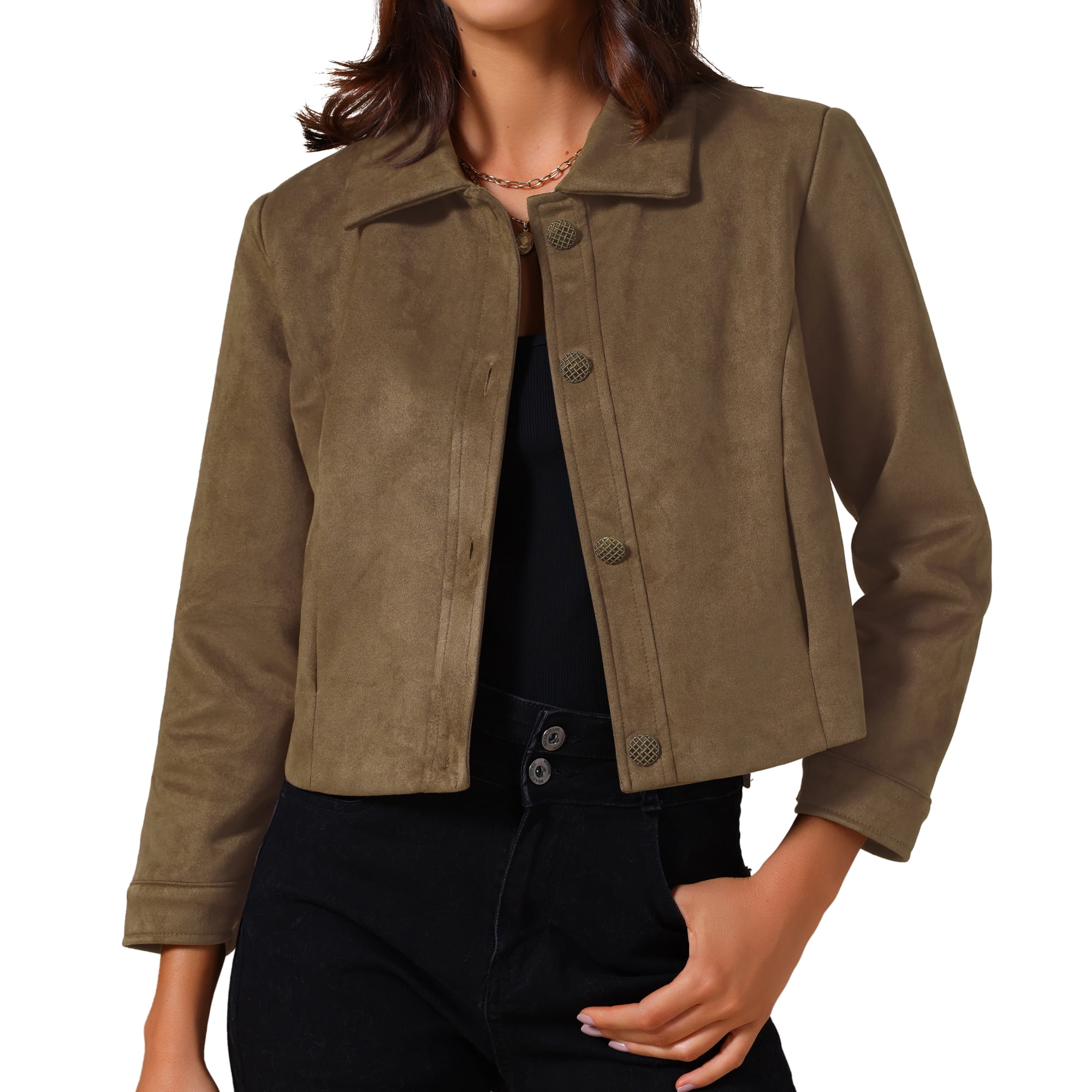 DARING DIVA Women's Faux Suede Long Sleeve Button Down Short Jacket Coat M Brown