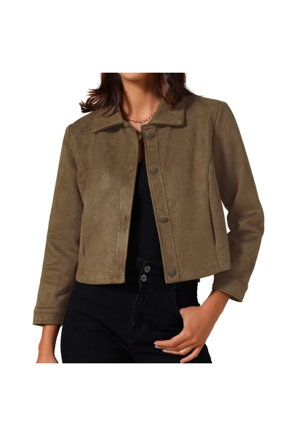 Women's Faux Suede Long Sleeve Button Down Short Jacket Coat S Brown