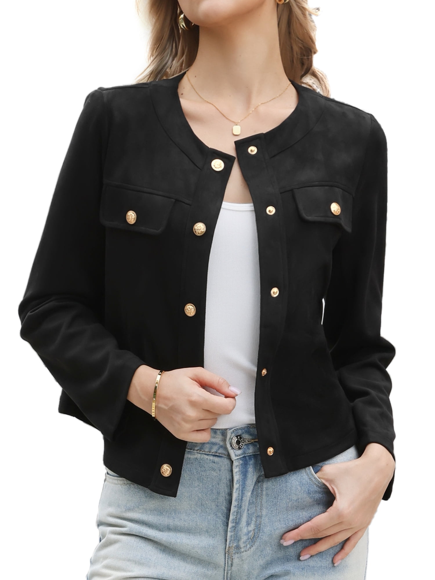 DARING DIVA Women's Faux Suede Long Sleeve Snap Button Collarless Jacket S Black