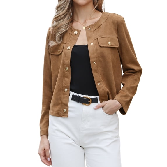 DARING DIVA Women's Faux Suede Long Sleeve Snap Button Collarless Jacket XL Brown