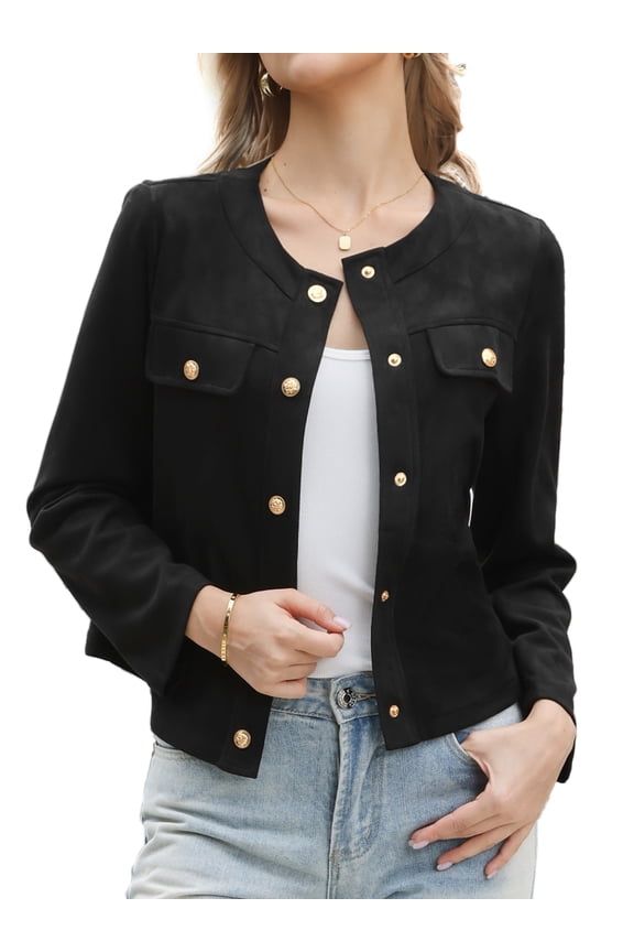 Women's Faux Suede Long Sleeve Snap Button Collarless Jacket XS Black
