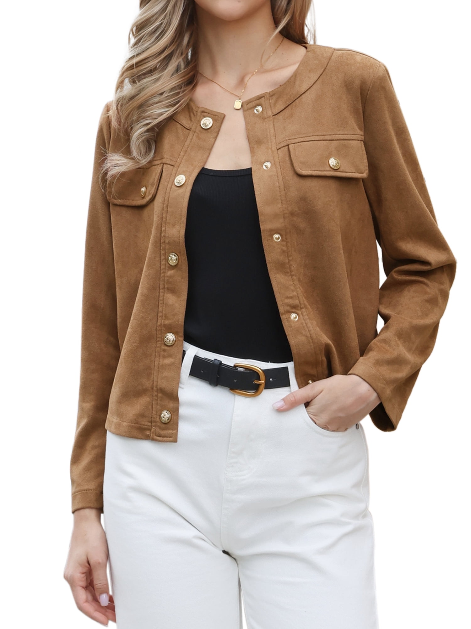 DARING DIVA Women's Faux Suede Long Sleeve Snap Button Collarless Jacket XS Brown