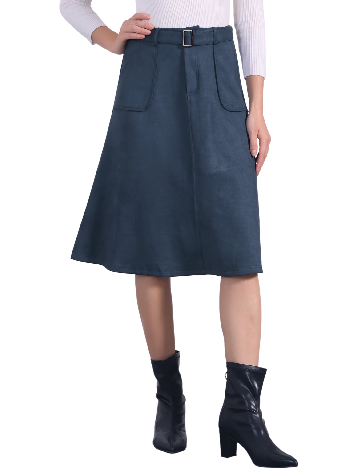 DARING DIVA Women's Faux Suede Pockets Stretch A-line Midi Skirt with Belt M Dark Blue
