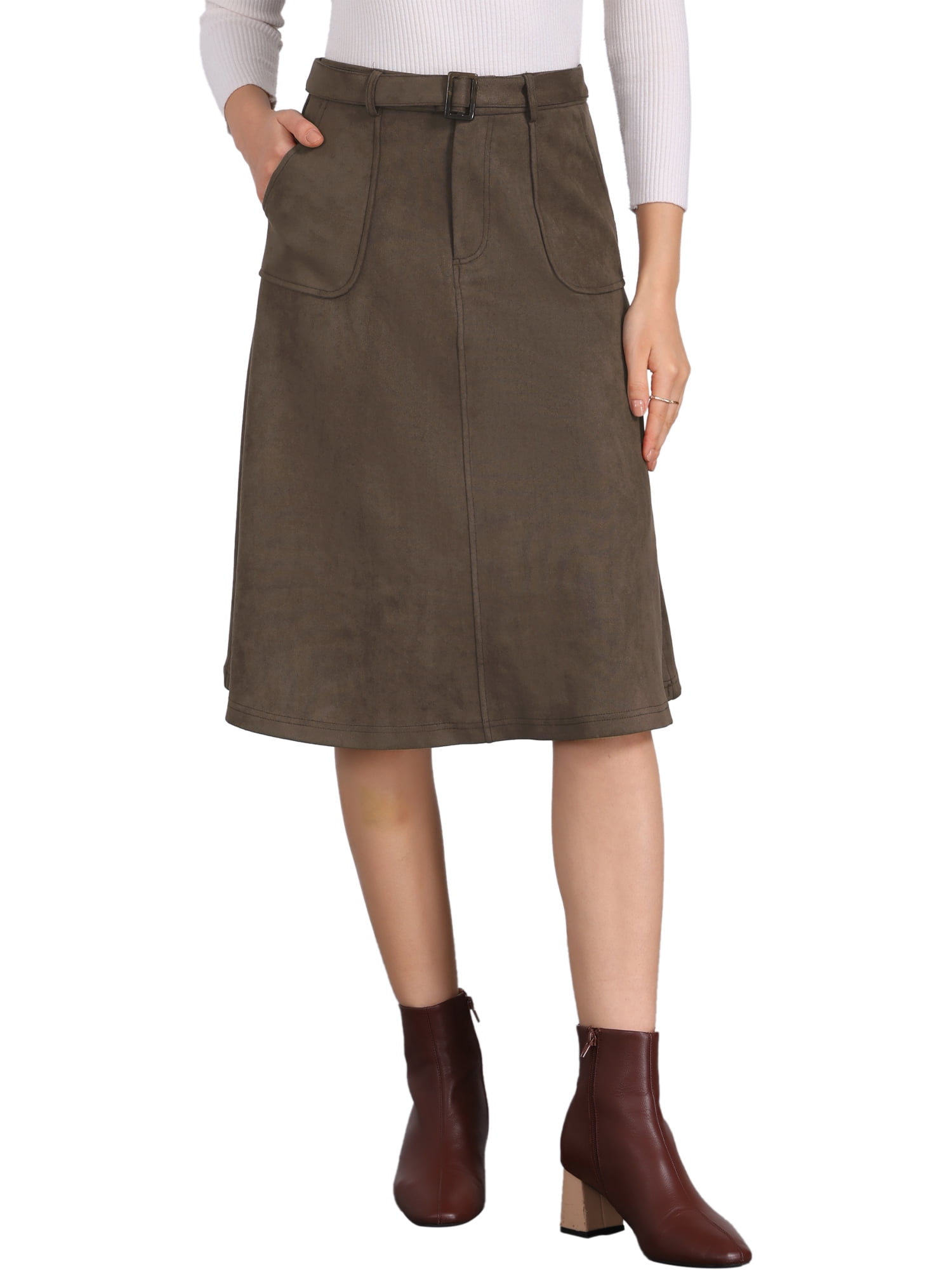 DARING DIVA Women's Faux Suede Pockets Stretch A-line Midi Skirt with Belt S Coffee