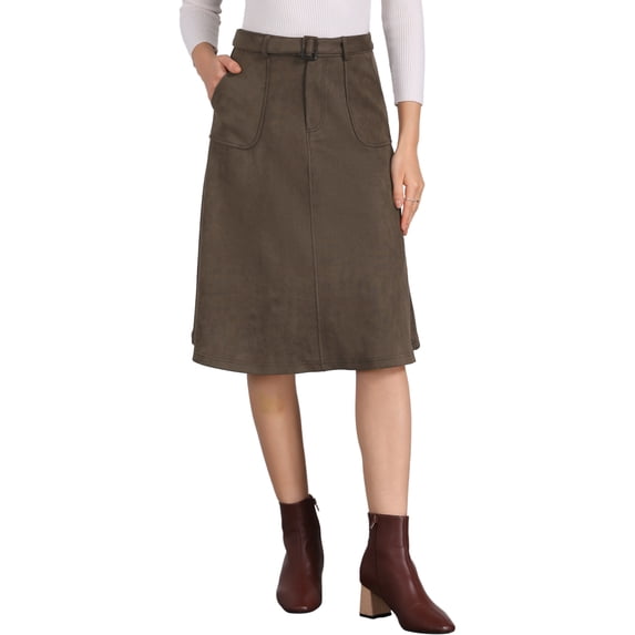 DARING DIVA Women's Faux Suede Pockets Stretch A-line Midi Skirt with Belt S Coffee