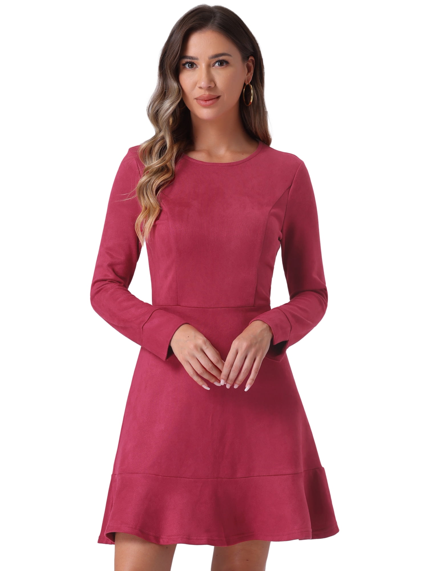 DARING DIVA Women's Faux Suede Ruffle Hem Long Sleeve Mini Dresses L Burgundy