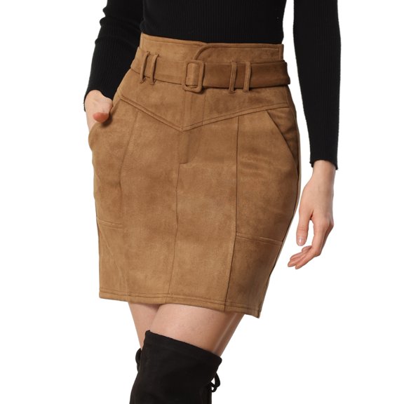 DARING DIVA Women's Faux Suede Skirt Belted Pencil Skirts XS Brown