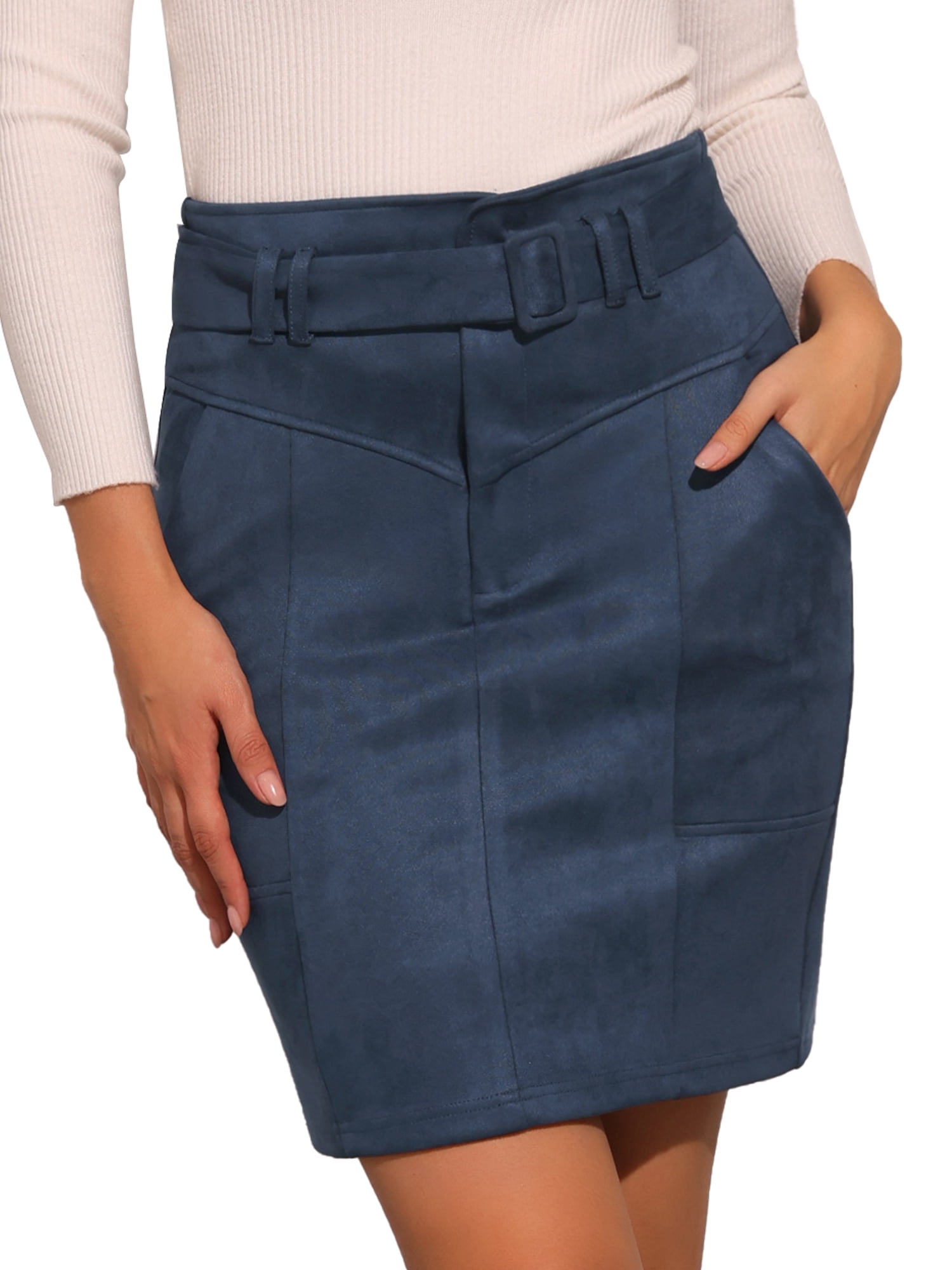 DARING DIVA Women's Faux Suede Skirt Belted Pencil Skirts XS Dark Blue