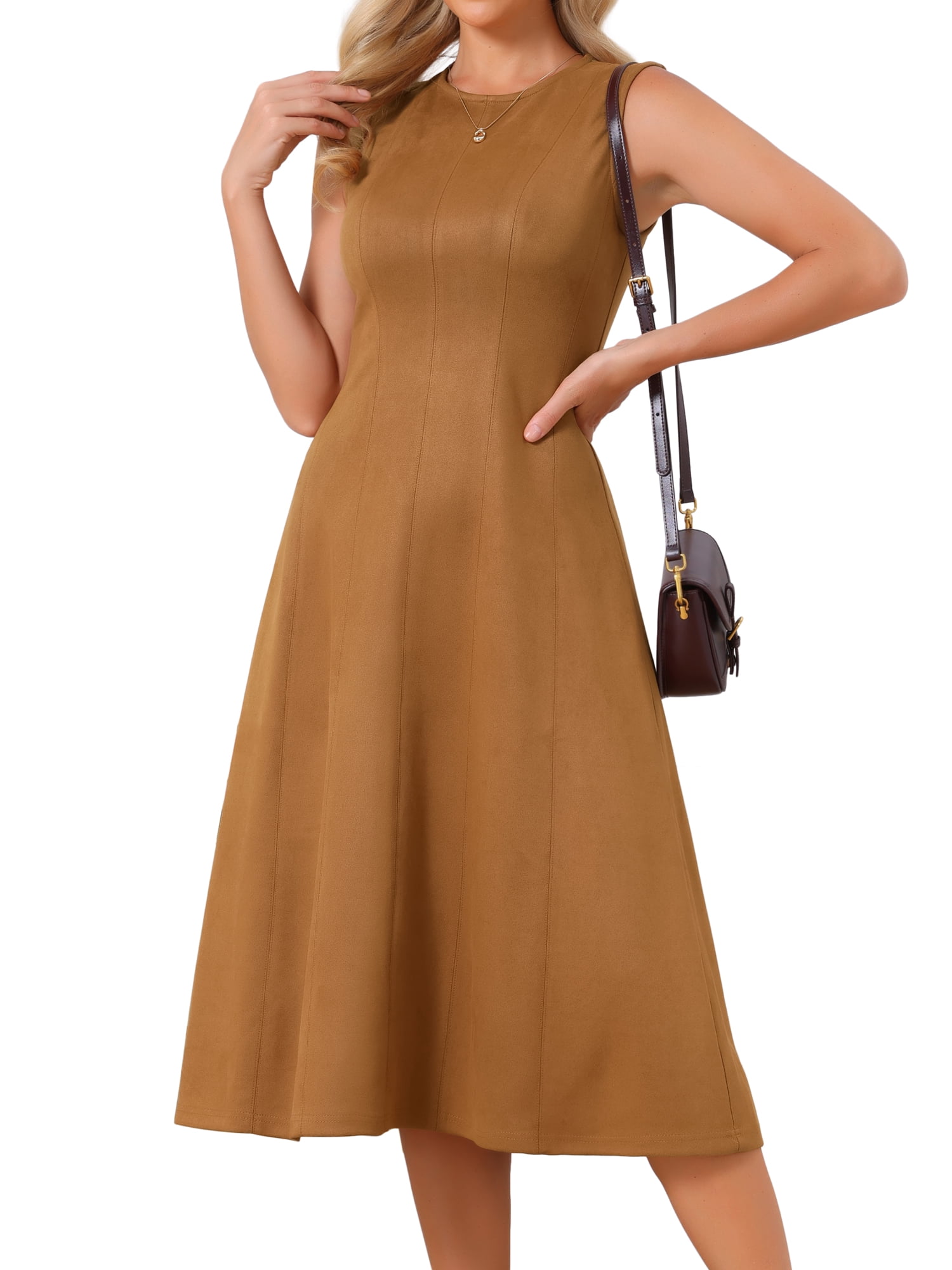 DARING DIVA Women's Faux Suede Sleeveless Crewneck A-Line Midi Dress XL Brown