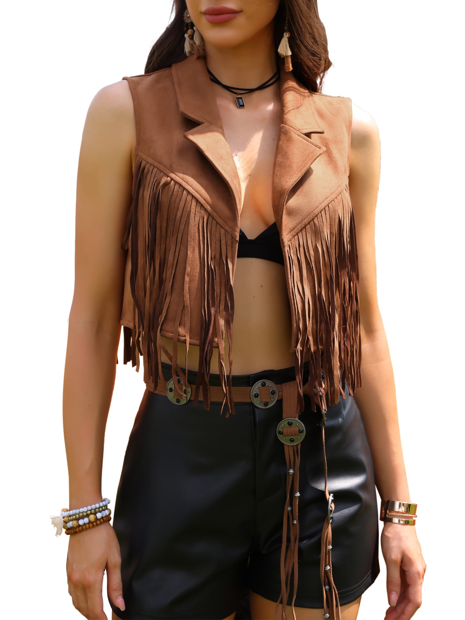 DARING DIVA Women's Faux Suede Sleeveless Crop Open Front Fringe Vest L Brown