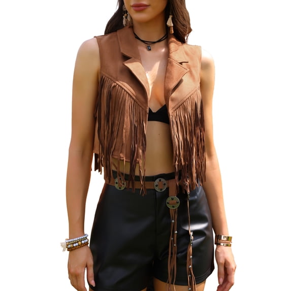DARING DIVA Women's Faux Suede Sleeveless Crop Open Front Fringe Vest XS Brown