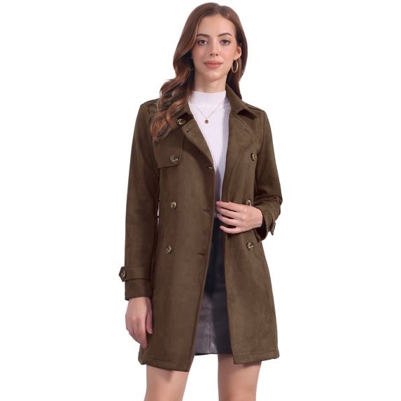 DARING DIVA Women's Faux Suede Trench Coat Double Breasted Jacket with Belt M Coffee