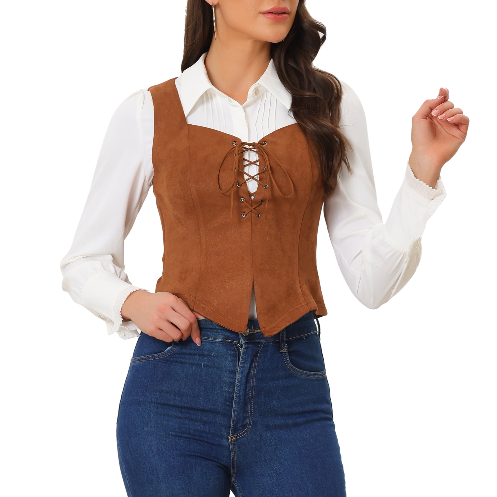 DARING DIVA Women's Faux Suede Vest Lace Up Party Sleeveless Jacket M Brown
