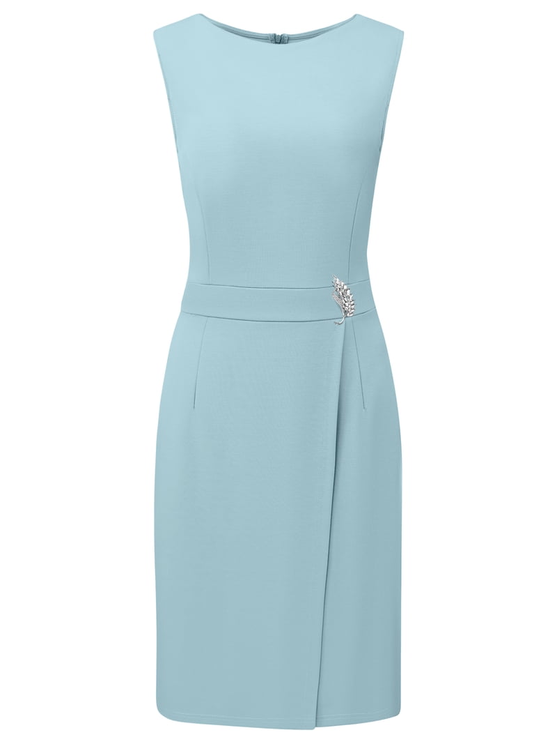 DARING DIVA Women's Faux Wrap Pencil Dress Sleeveless Boat Neck Dresses M Light Blue