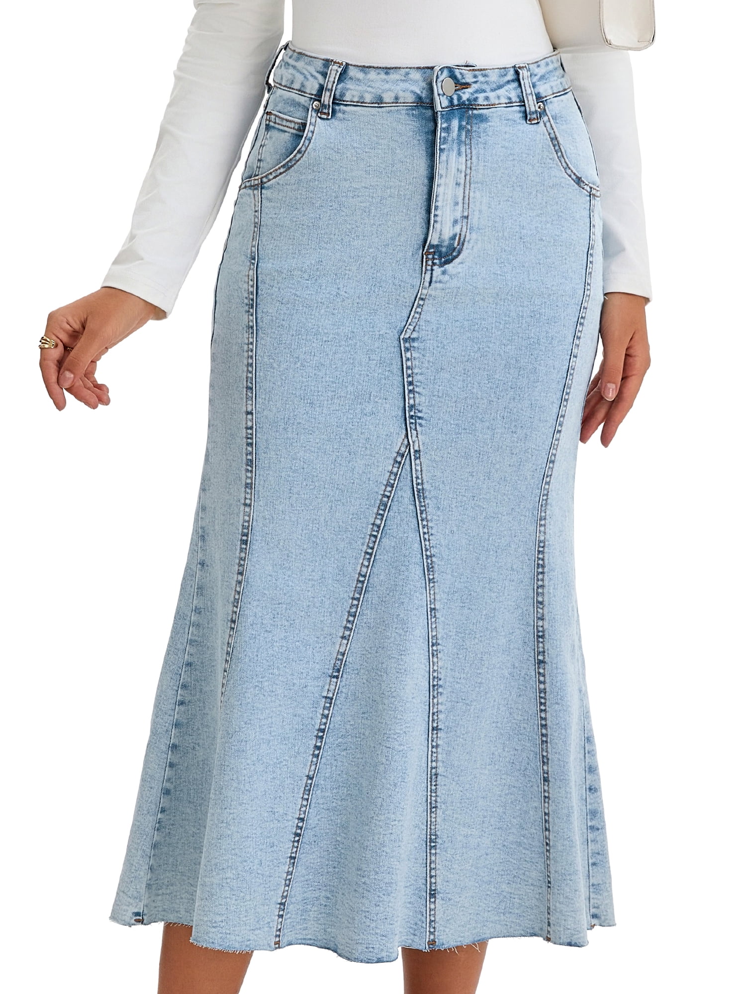 DARING DIVA Women's Fishtail Jean Stretchy Midi Denim Skirts Large Light Blue