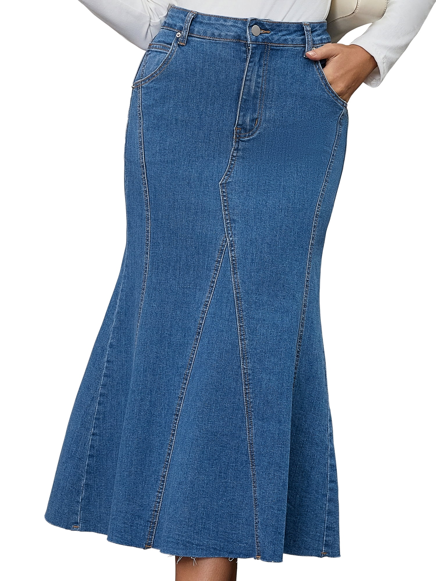 DARING DIVA Women's Fishtail Jean Stretchy Midi Denim Skirts Medium Blue