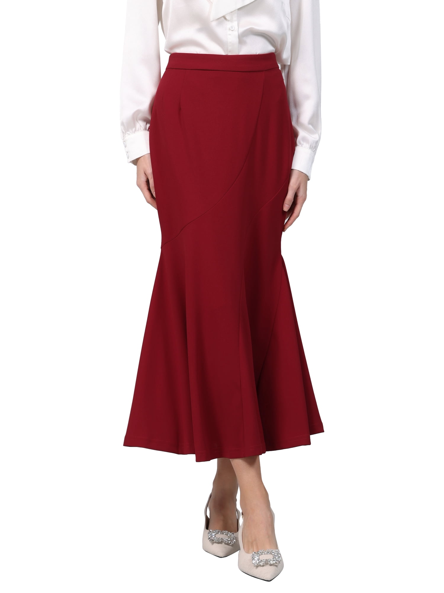 DARING DIVA Women's Fishtail Long Skirt High Work Maxi Mermaid Skirts S Dark Red