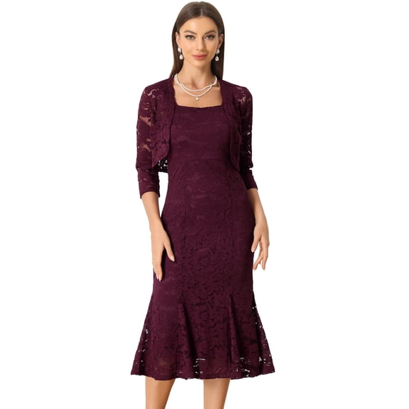 DARING DIVA Women's Fishtail Sheath Open Front Shrugs 2pc Lace Dress S Burgundy
