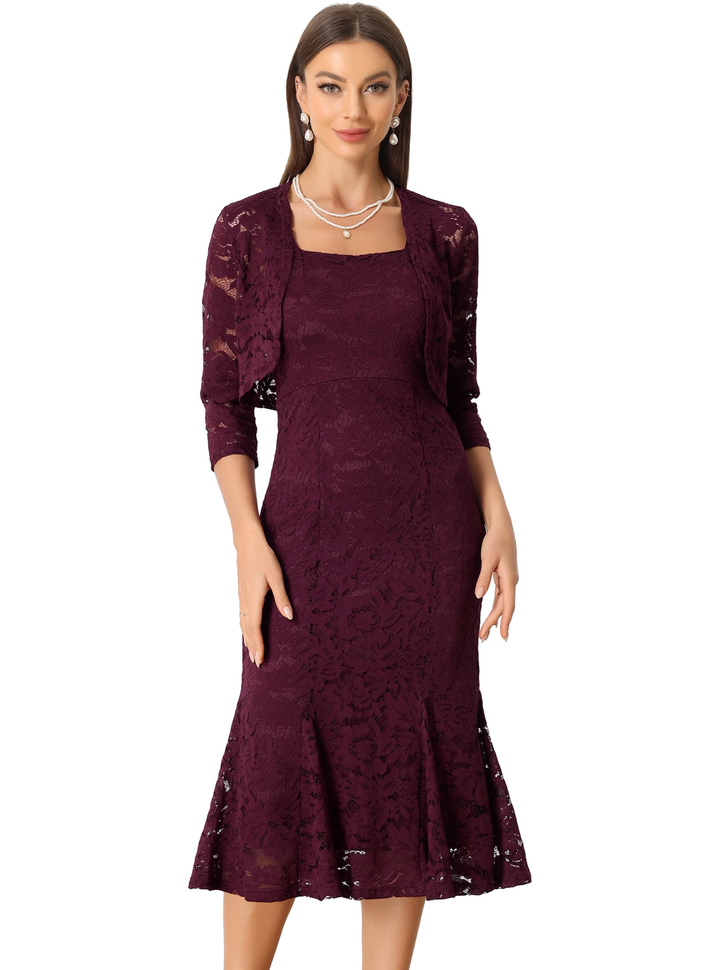 DARING DIVA Women's Fishtail Sheath Open Front Shrugs 2pc Lace Dress XS Burgundy