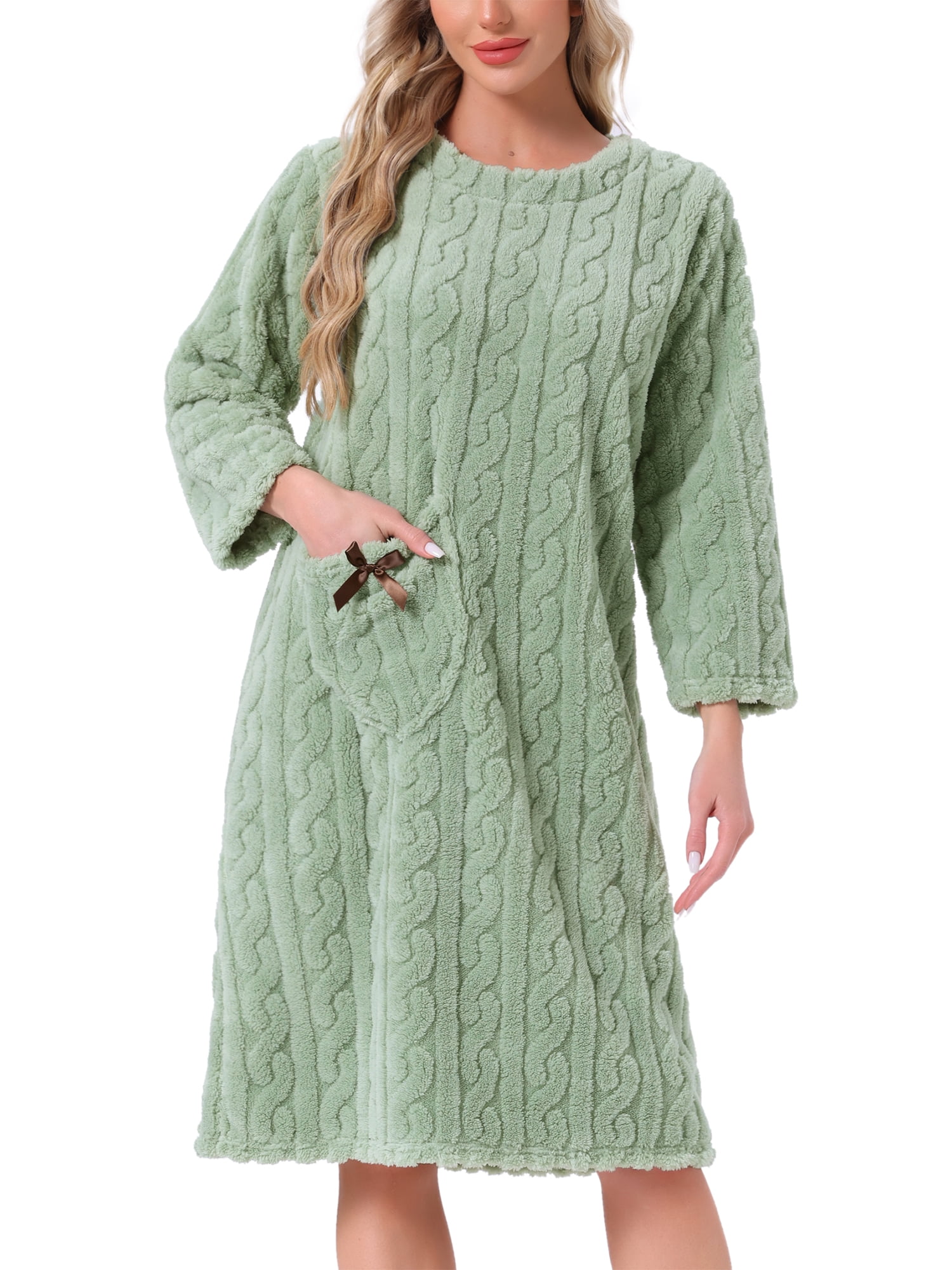 DARING DIVA Women's Flannel Fuzzy Fleece O Neck Sleepdress with Pocket S Light Green
