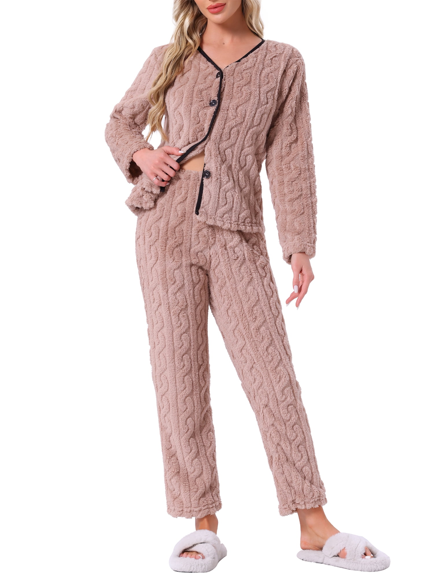 DARING DIVA Women's Flannel Pajama Set Long Sleeve Button Down  Fuzzy Fleece S Grey Pink