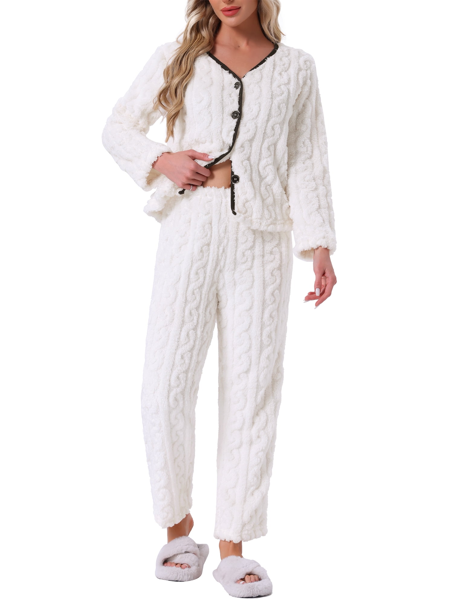 DARING DIVA Women's Flannel Pajama Set Long Sleeve Button Down Fuzzy Fleece XL White