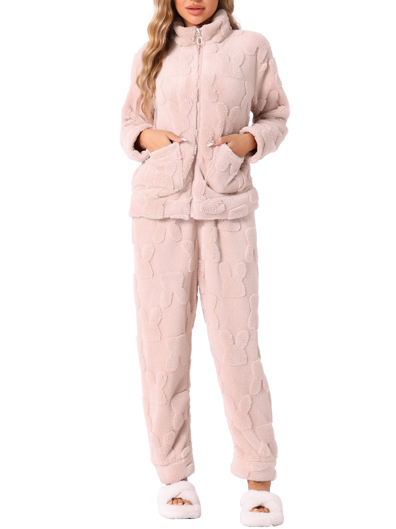 DARING DIVA Women's Flannel Soft Winter Warm Pajama Lounge Set Set with Pockets Pink XS
