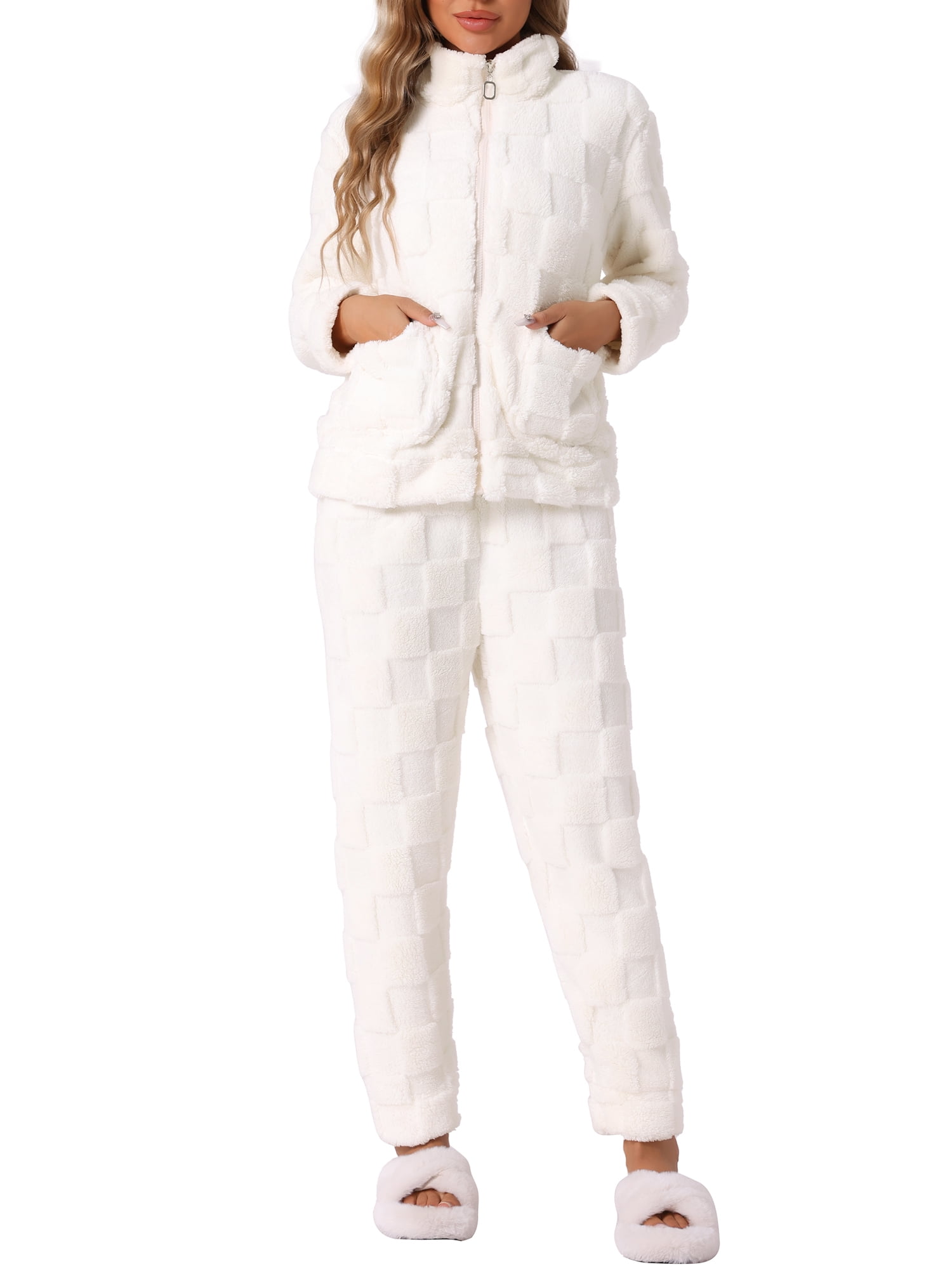 DARING DIVA Women's Flannel Soft Winter Warm Pajama Lounge Set Set with Pockets White XS