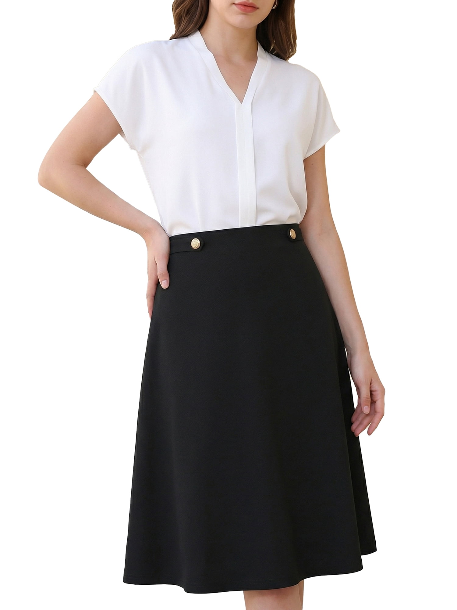DARING DIVA Women's Flare A Line High Waist Casual Midi Skirts L Black