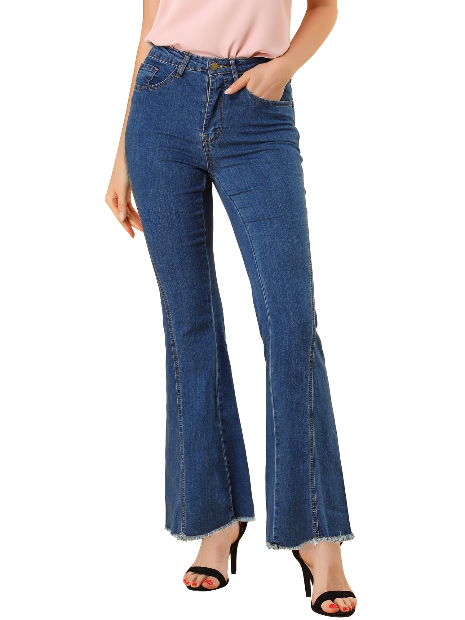 DARING DIVA Women's Flare Denim Pants High Waist Stretch Bell Bottoms Jeans L Blue