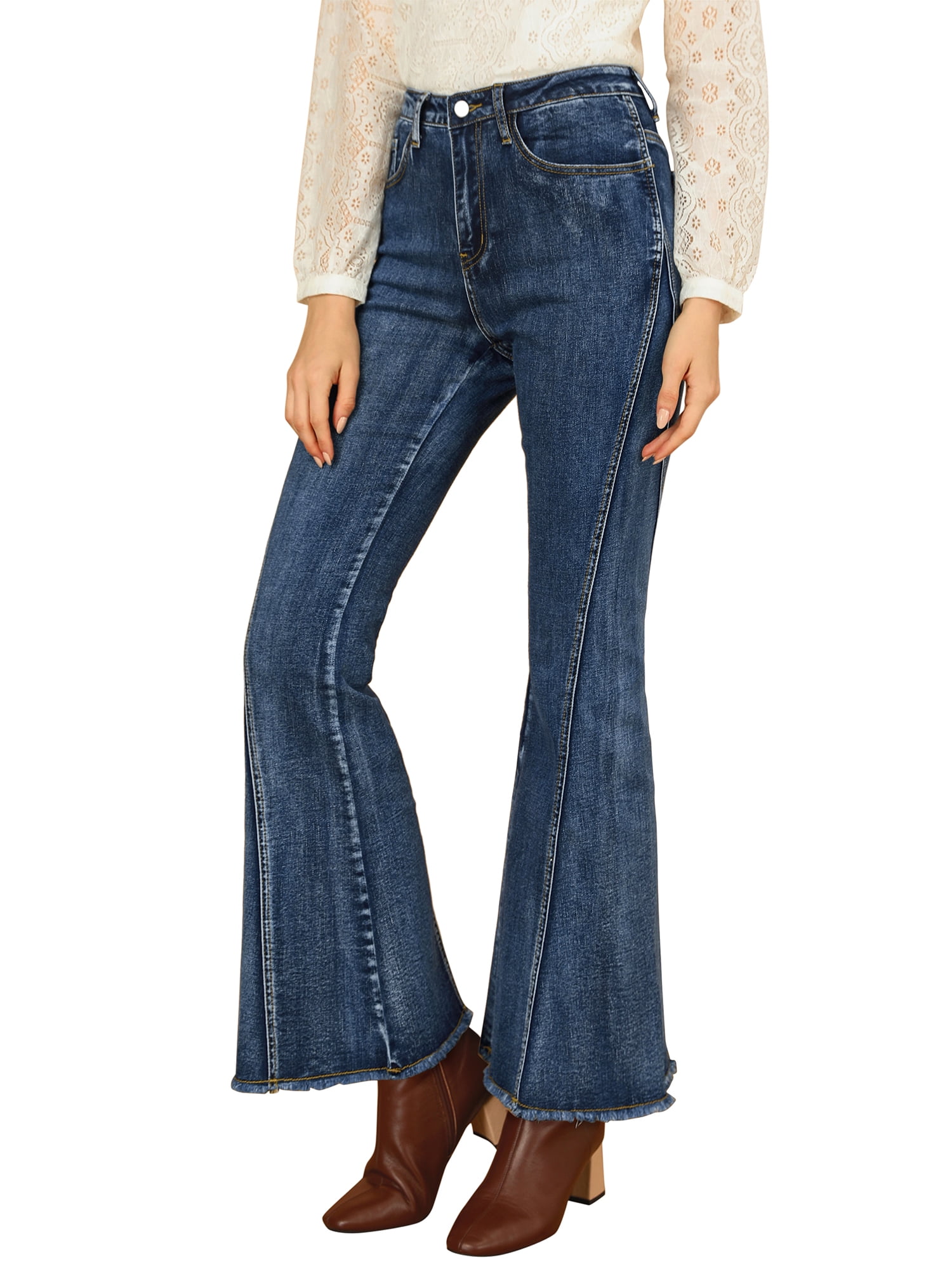 DARING DIVA Women's Flare Denim Pants High Waist Stretch Bell Bottoms Jeans M Blue