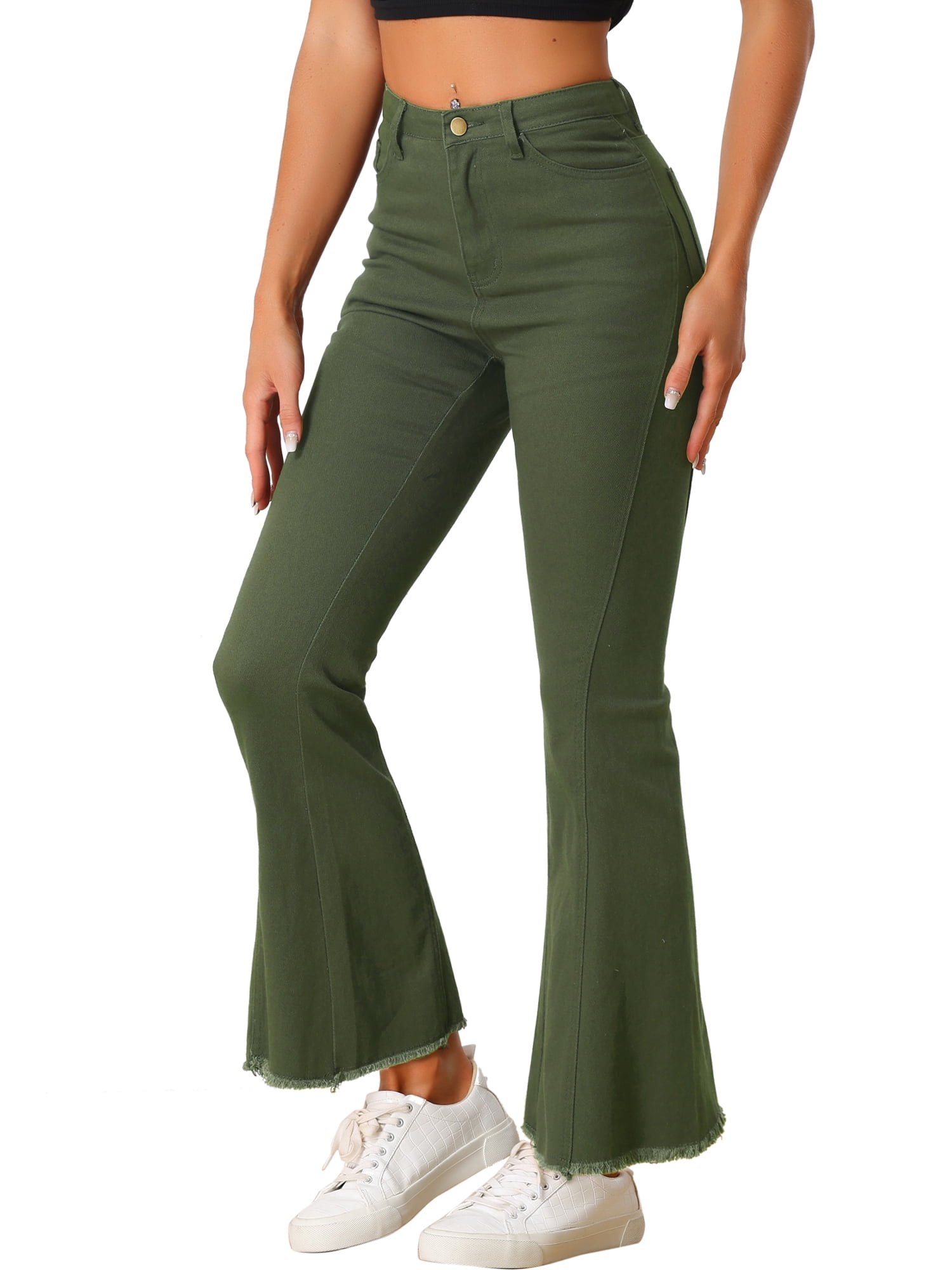 DARING DIVA Women's Flare Denim Pants High Waist Stretch Bell Bottoms Jeans S Army Green