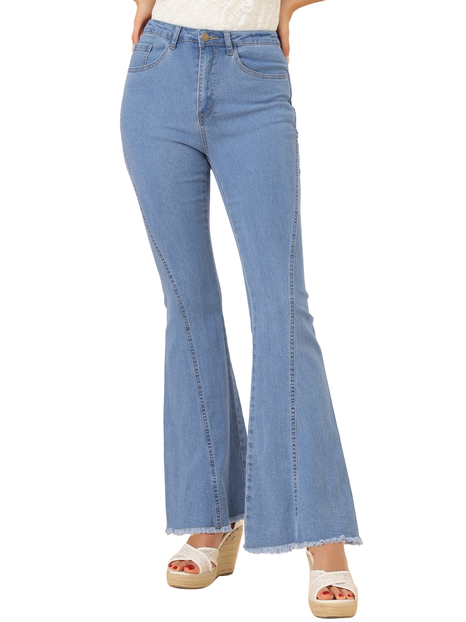 DARING DIVA Women's Flare Denim Pants High Waist Stretch Bell Bottoms Jeans S Blue-Grey