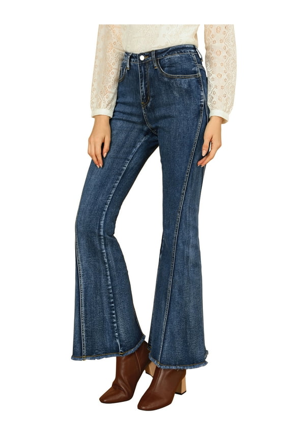 Women's Flare Denim Pants High Waist Stretch Bell Bottoms Jeans S Blue