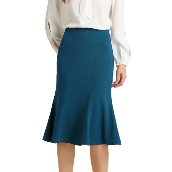 DARING DIVA Women's Flare Hem Elegant Work Midi Fishtail Skirt XL Peacock Blue