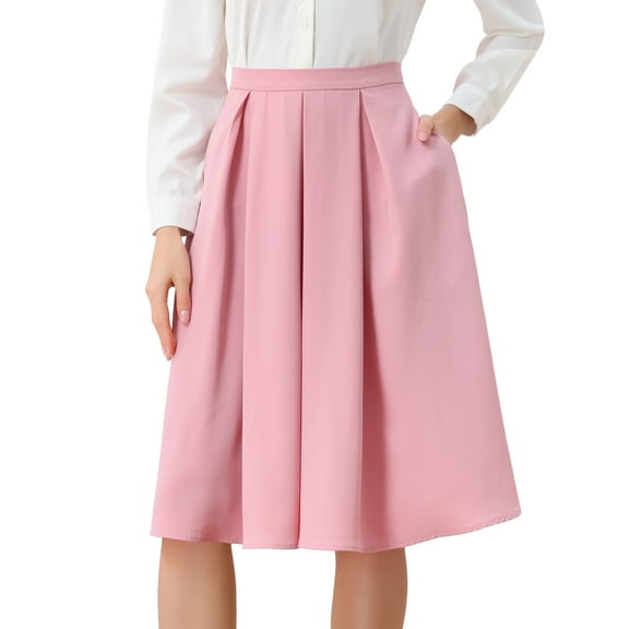 DARING DIVA Women's Flare Pleated Knee Length A-Line Skirt with Pocket M Pink