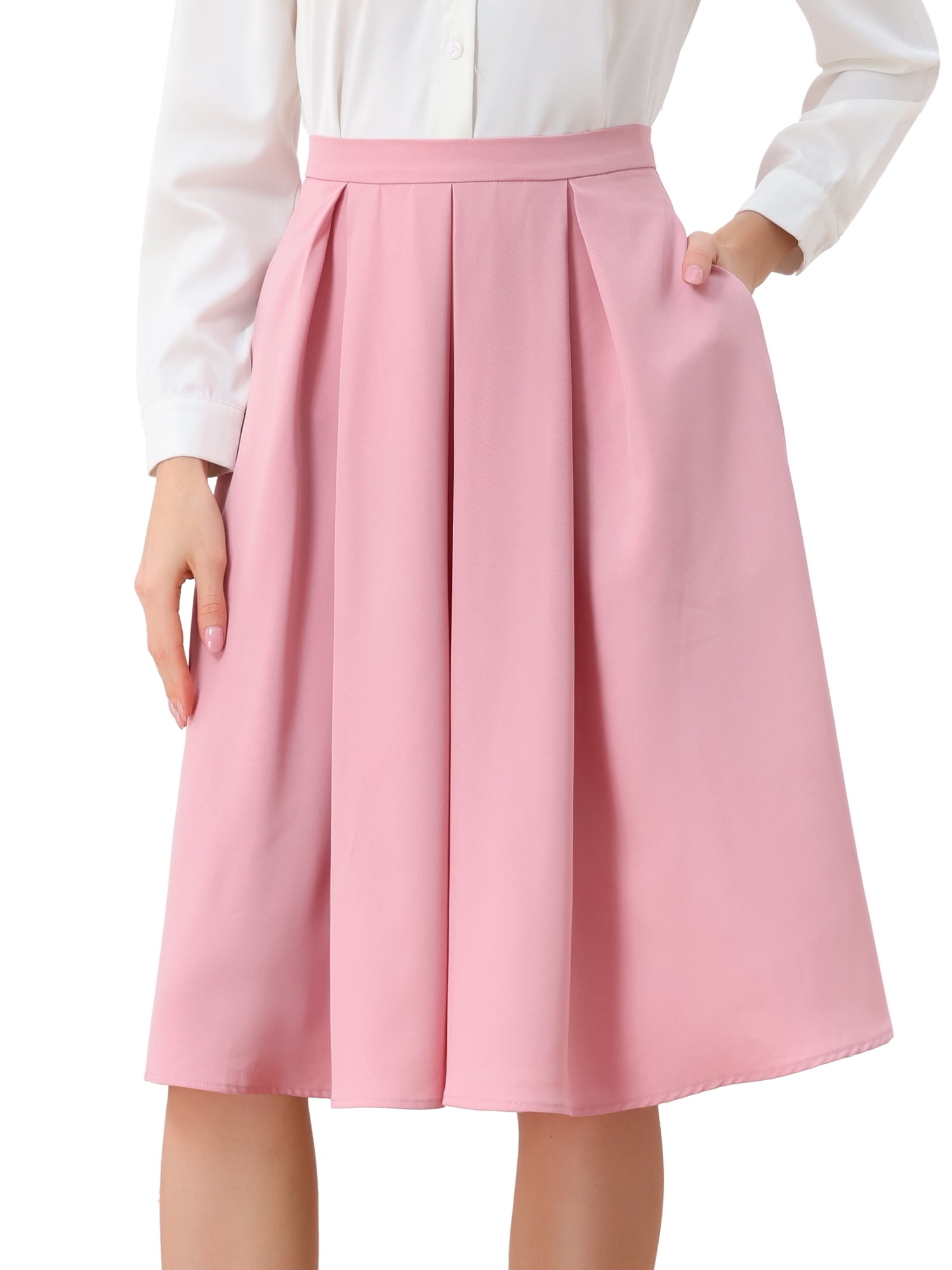 DARING DIVA Women's Flare Pleated Knee Length A-Line Skirt with Pocket XL Pink