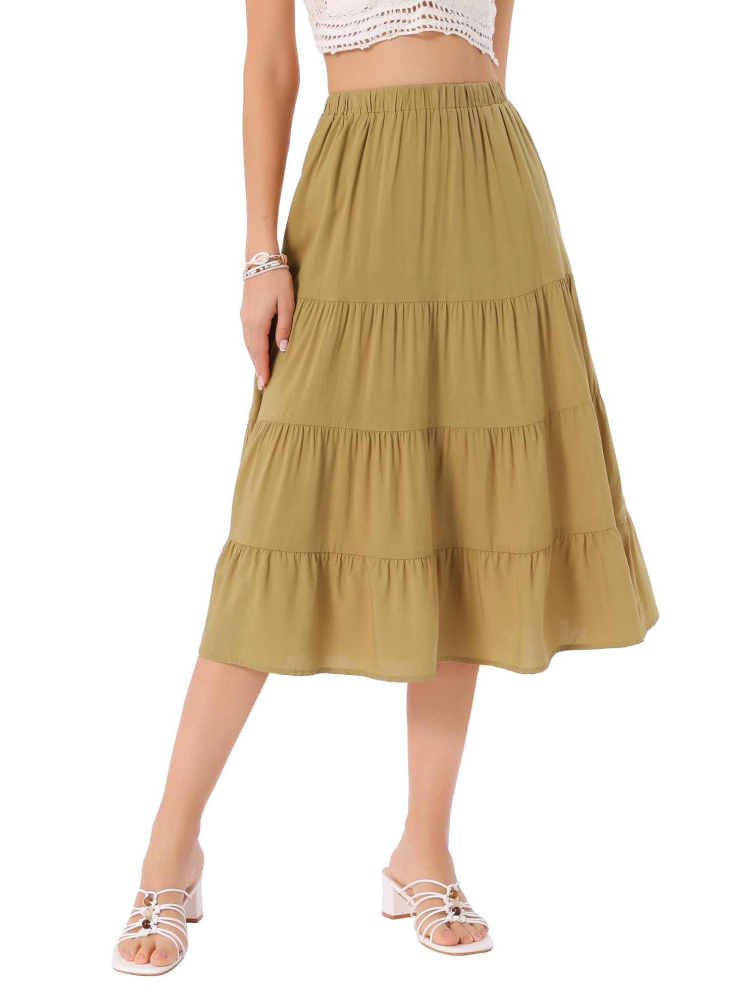 DARING DIVA Women's Flare Tiered Pleated Solid Elastic Waist A-Line Skirt L Khaki